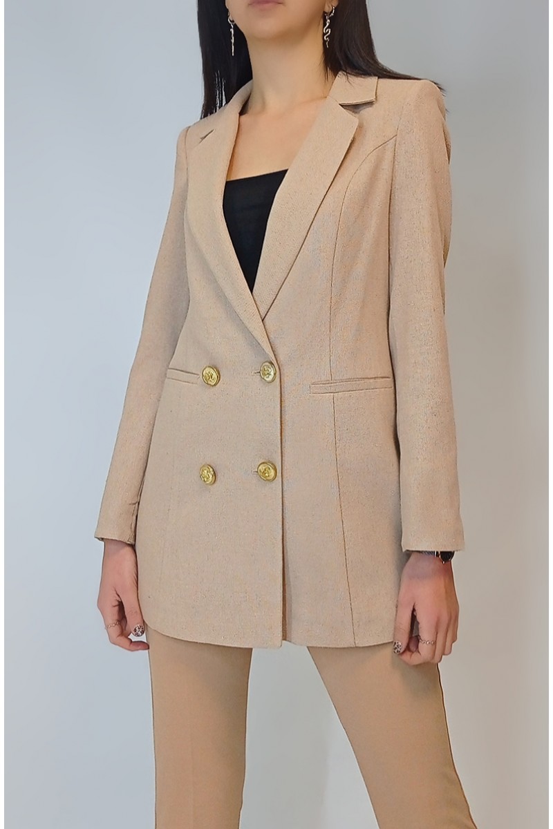 Kadın Camel Keten Astarlı Gold Düğmeli Blazer Ceket YY101032