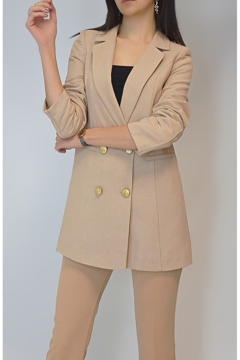 Kadın Camel Keten Astarlı Gold Düğmeli Blazer Ceket YY101032