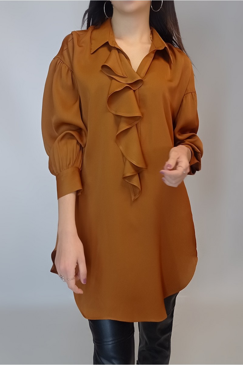 Kadın Camel Volanlı Yaka Saten Bluz Tunik YY100964