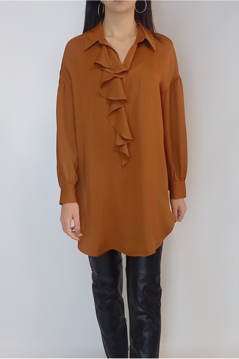 Kadın Camel Volanlı Yaka Saten Bluz Tunik YY100964