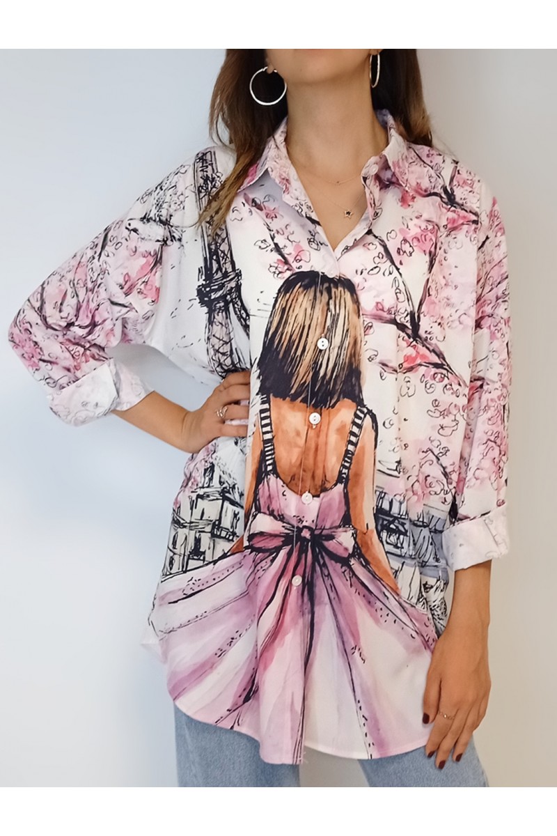 Kadın Pembe Figür Dijital Baskılı Oversize Gömlek YY100835