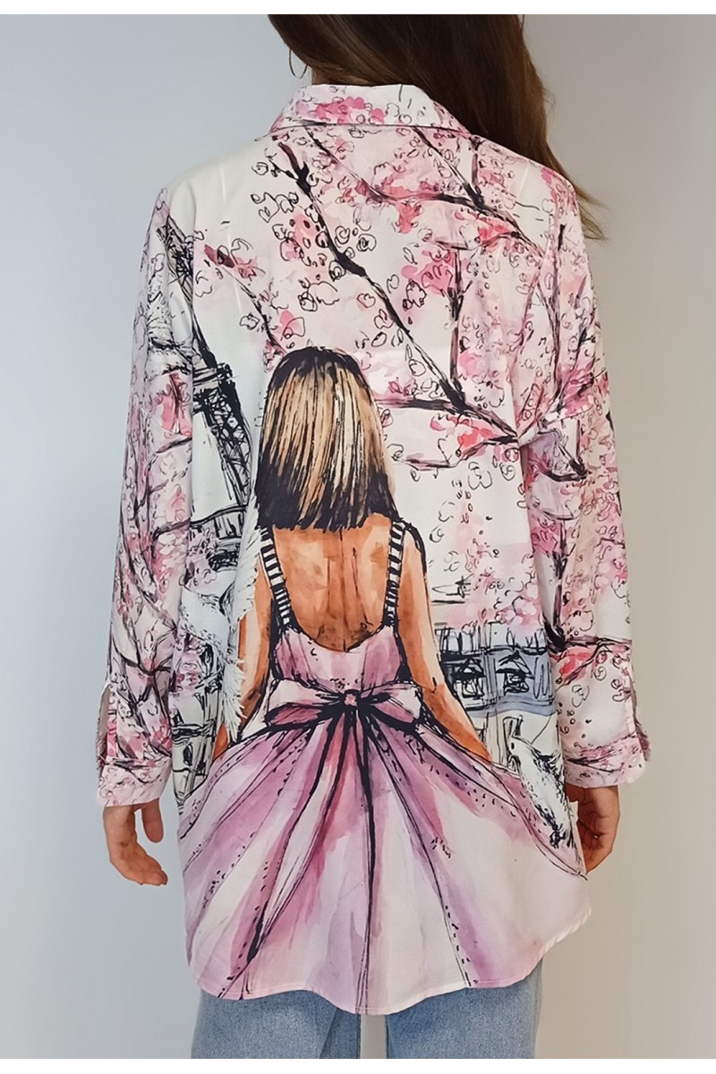 Kadın Pembe Figür Dijital Baskılı Oversize Gömlek YY100835
