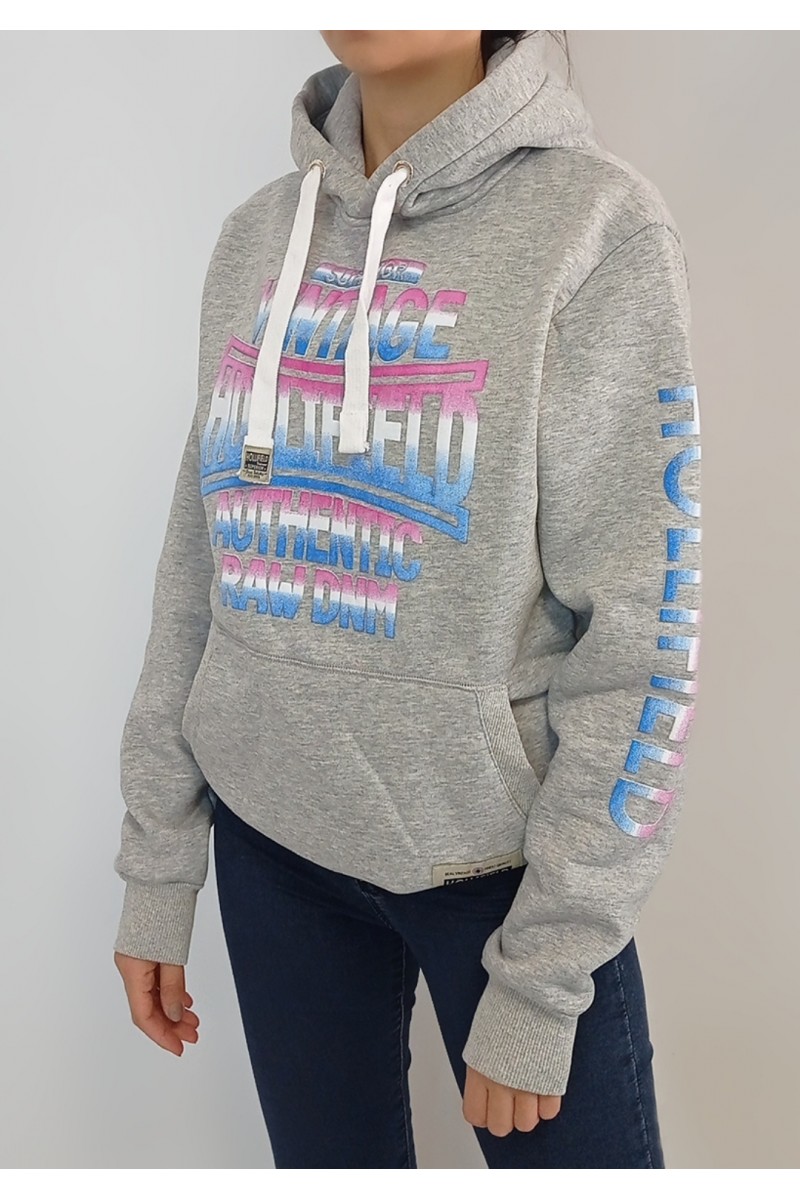 Kadın Gri Kapüşonlu Kabartma Baskılı Retro Sweatshirt YY100864
