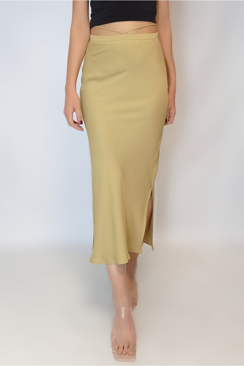 Kadın Hardal Saten Biye Detaylı Astarsız Etek YY100874