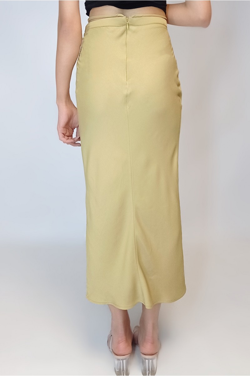 Kadın Hardal Saten Biye Detaylı Astarsız Etek YY100874