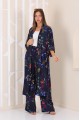 Kadın Lacivert Çiçek Desenli Pantolonlu Kimono Takım YY101003