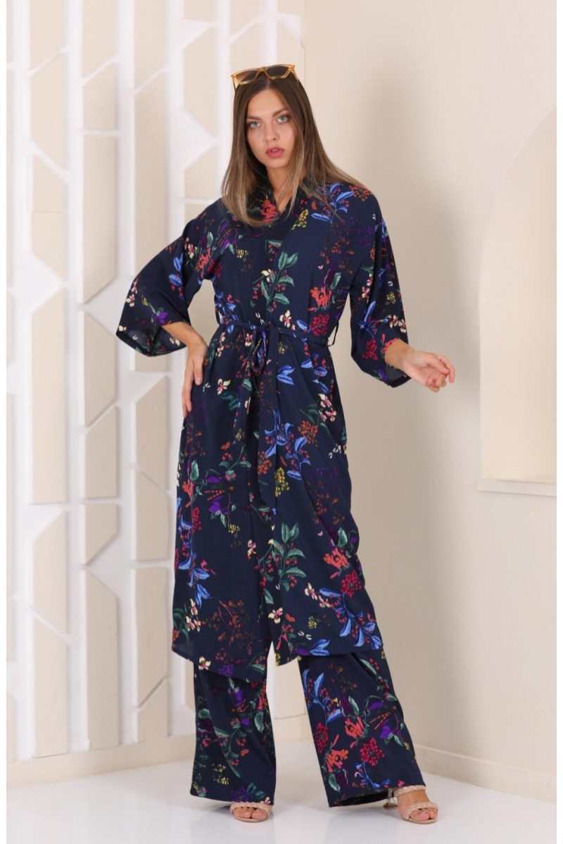 Kadın Lacivert Çiçek Desenli Pantolonlu Kimono Takım YY101003
