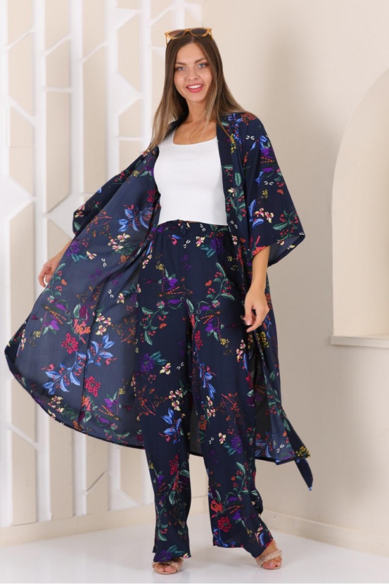 Kadın Lacivert Çiçek Desenli Pantolonlu Kimono Takım YY101003