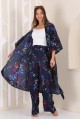Kadın Lacivert Çiçek Desenli Pantolonlu Kimono Takım YY101003