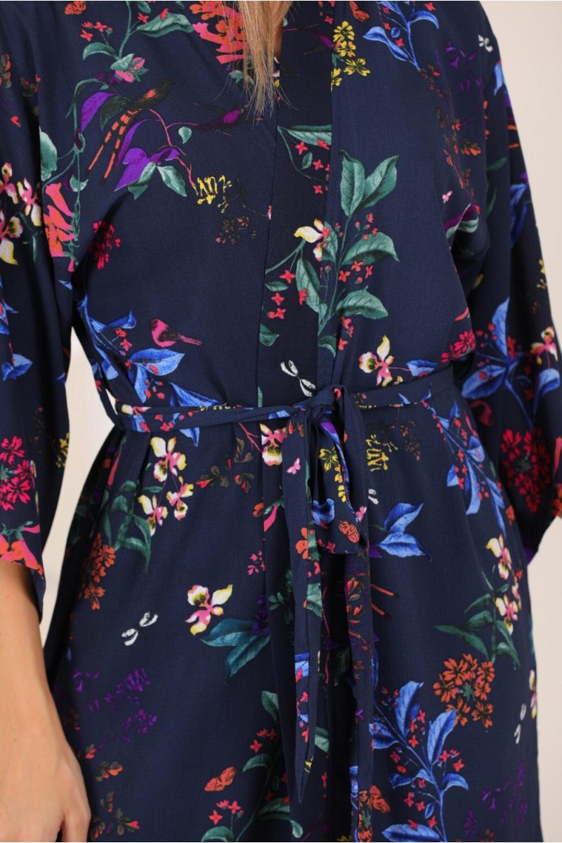 Kadın Lacivert Çiçek Desenli Pantolonlu Kimono Takım YY101003