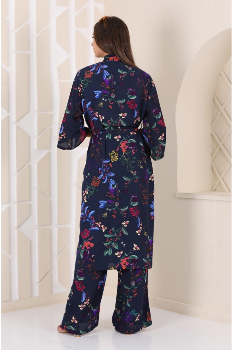 Kadın Lacivert Çiçek Desenli Pantolonlu Kimono Takım YY101003