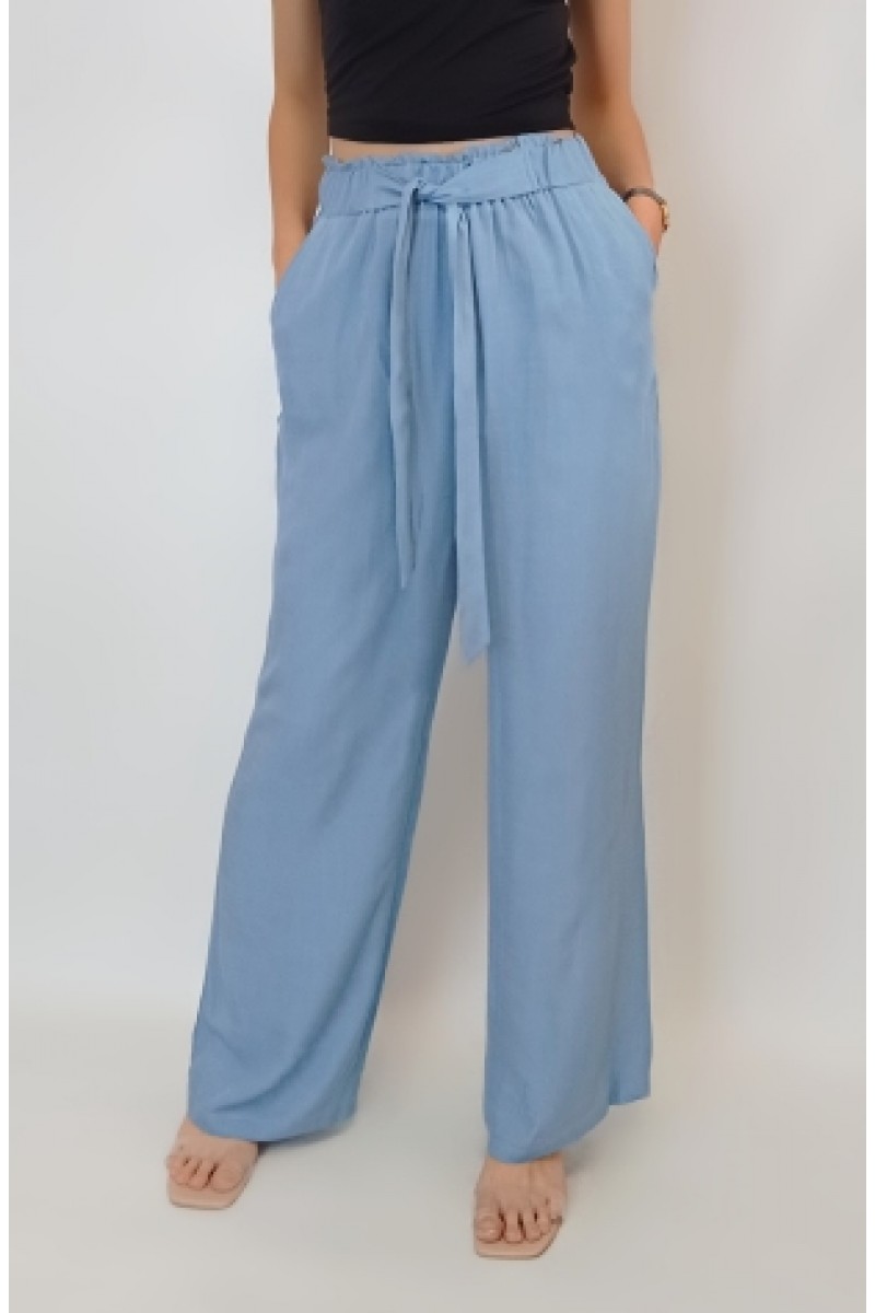 Kadın Mavi Beli Lastikli Bol Paça Cepli Viskon Pantolon YY100895