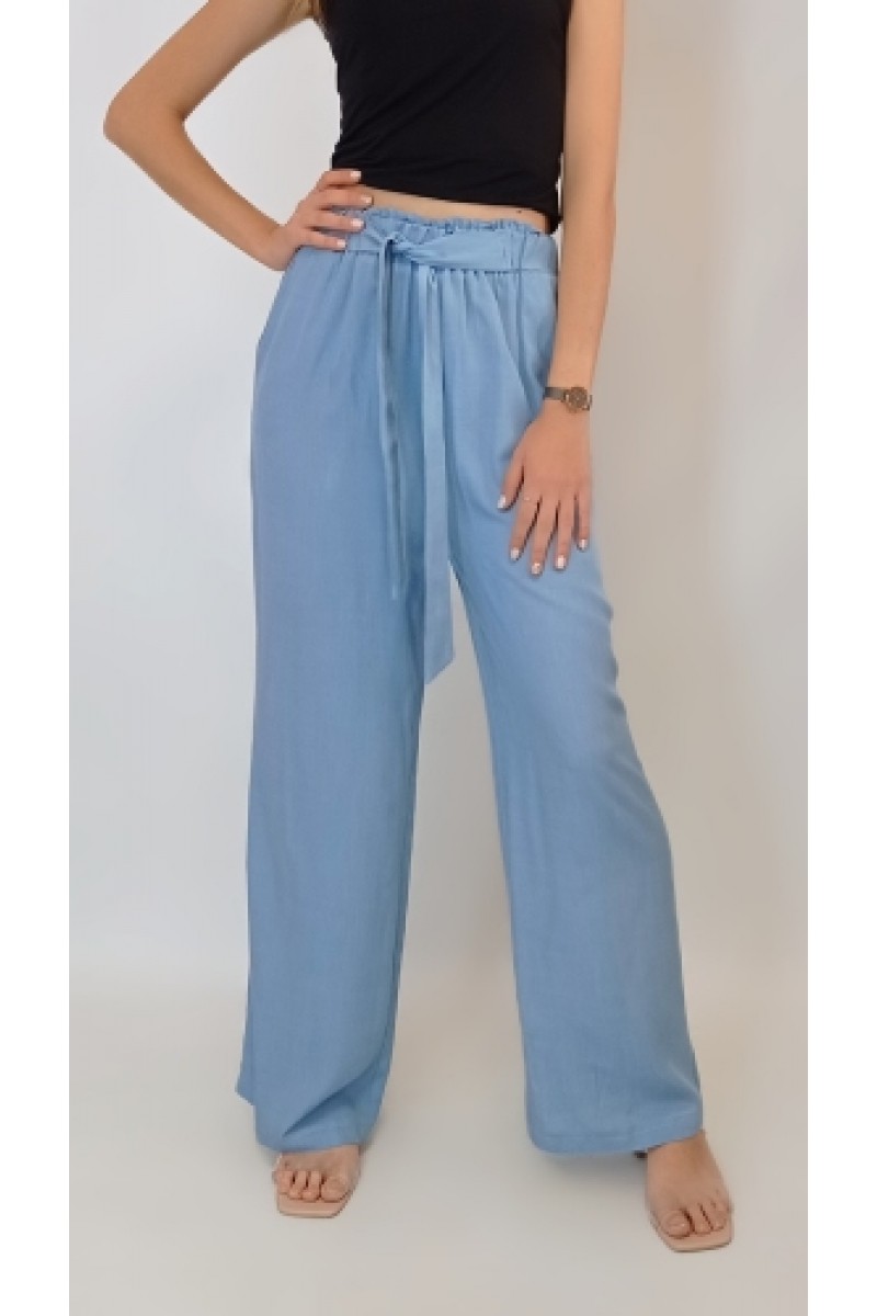 Kadın Mavi Beli Lastikli Bol Paça Cepli Viskon Pantolon YY100895