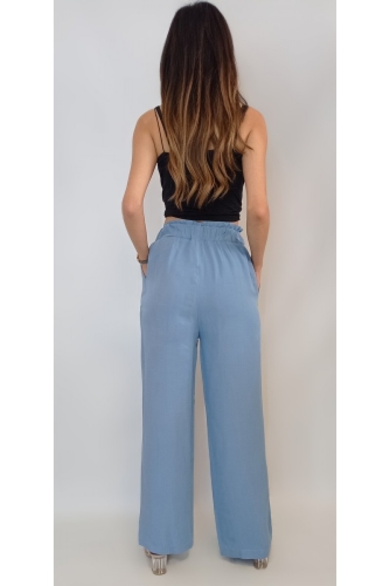 Kadın Mavi Beli Lastikli Bol Paça Cepli Viskon Pantolon YY100895