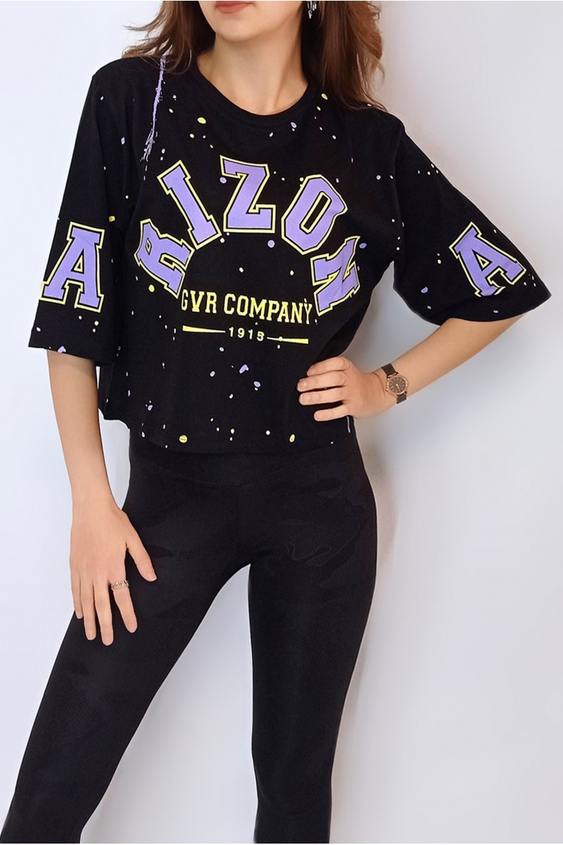 Kadın Siyah Rizon Yazı Baskılı Crop T-Shırt YY100732