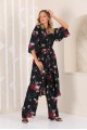 Kadın Siyah Çiçek Desenli Pantolonlu Kimono Takım YY101003