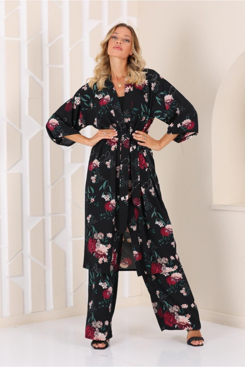 Kadın Siyah Çiçek Desenli Pantolonlu Kimono Takım YY101003