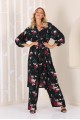 Kadın Siyah Çiçek Desenli Pantolonlu Kimono Takım YY101003
