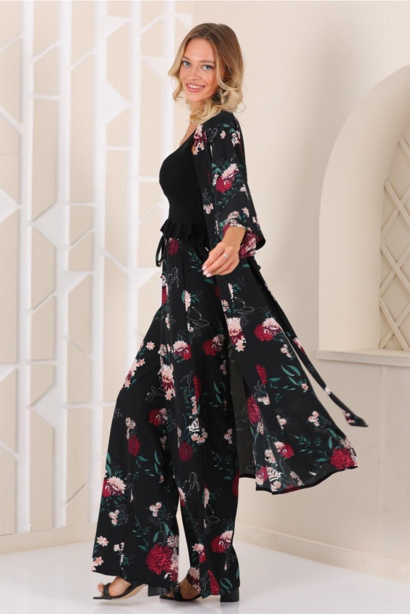Kadın Siyah Çiçek Desenli Pantolonlu Kimono Takım YY101003