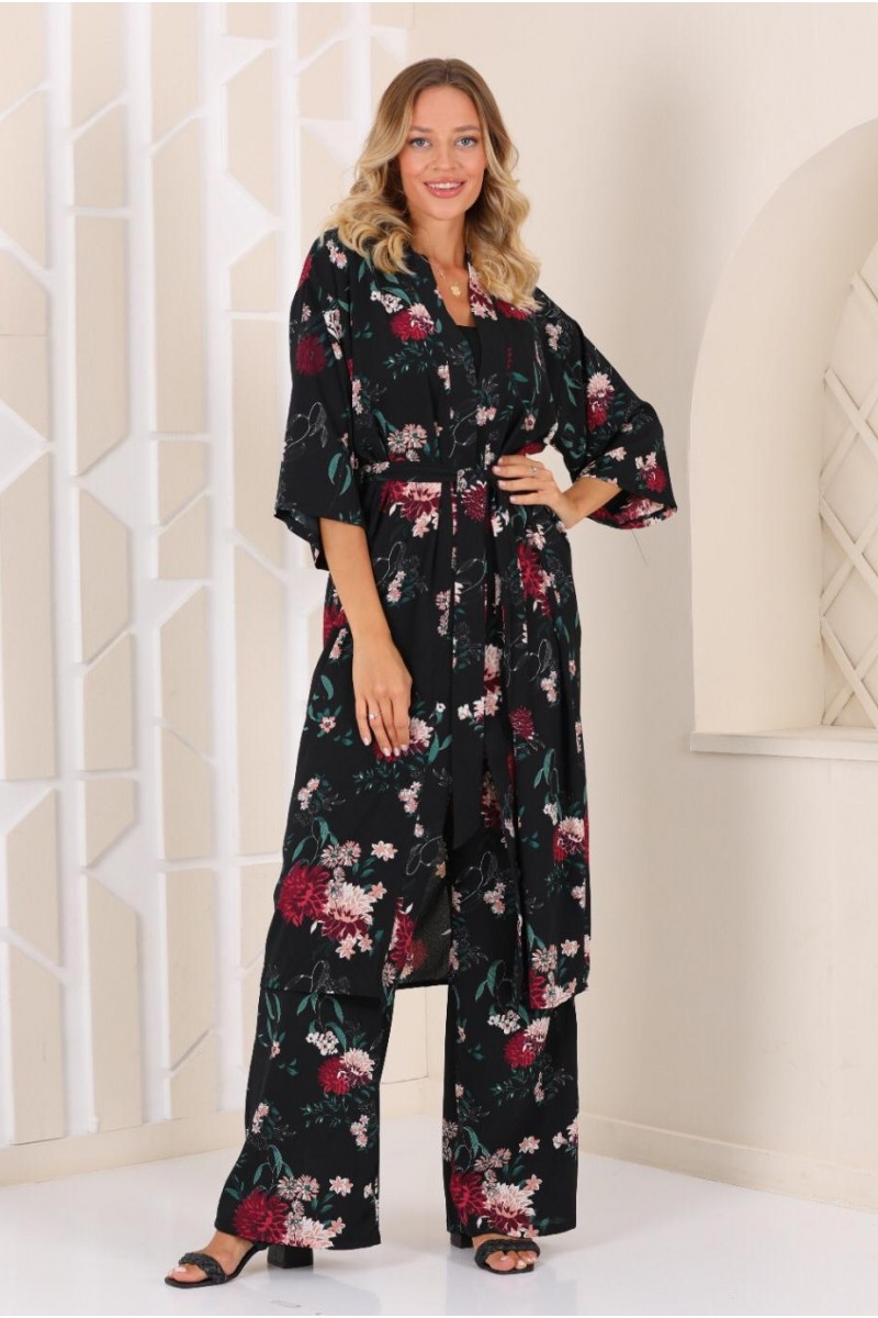Kadın Siyah Çiçek Desenli Pantolonlu Kimono Takım YY101003