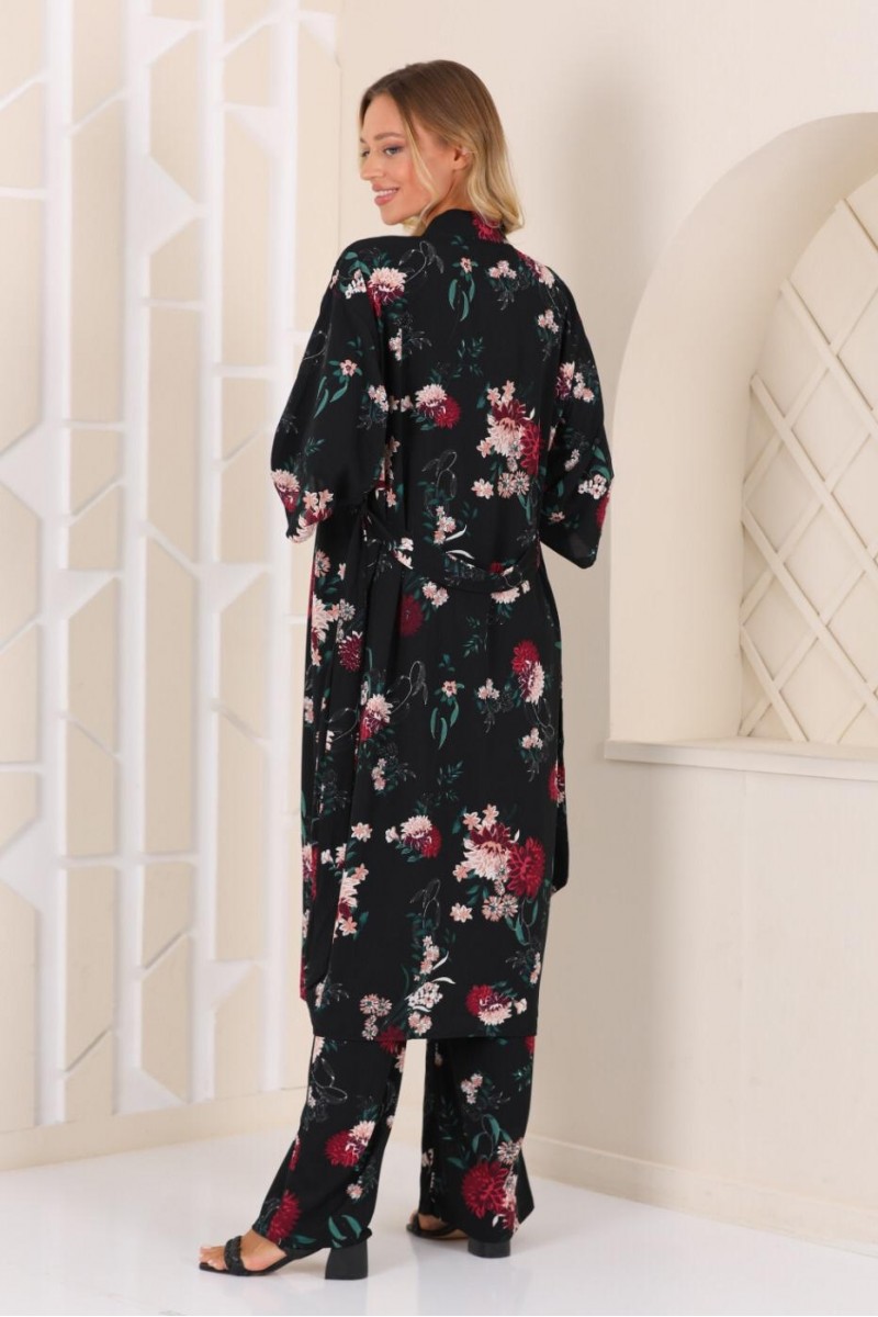 Kadın Siyah Çiçek Desenli Pantolonlu Kimono Takım YY101003