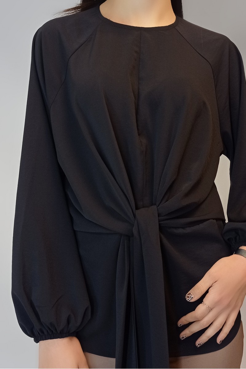 Kadın Siyah Önden Bağlamalı Raglan Kol Krep Bluz YY101000