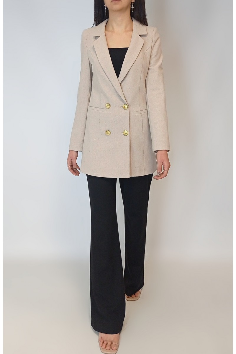 Kadın Taş Rengi Keten Astarlı Gold Düğmeli Blazer Ceket YY101032