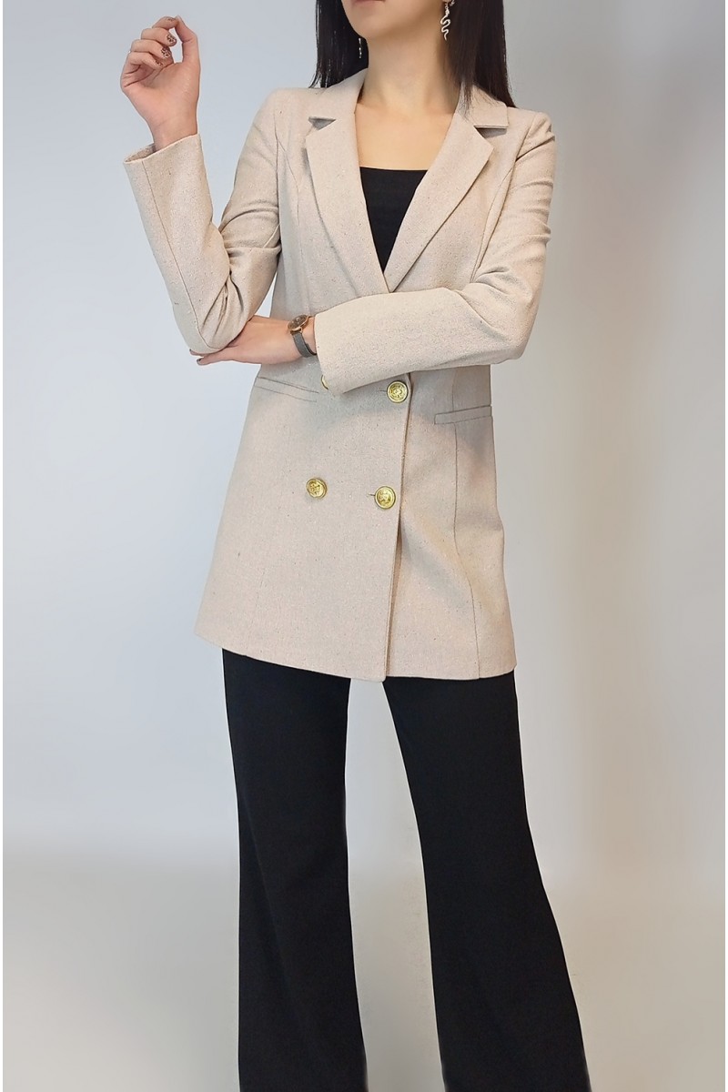 Kadın Taş Rengi Keten Astarlı Gold Düğmeli Blazer Ceket YY101032