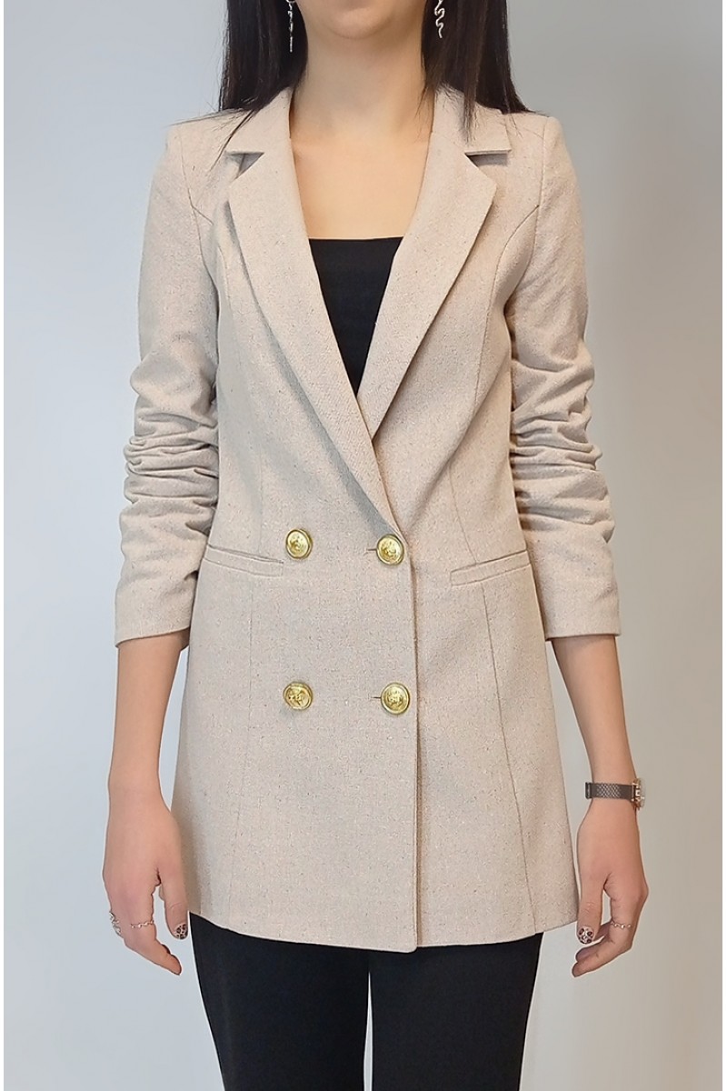 Kadın Taş Rengi Keten Astarlı Gold Düğmeli Blazer Ceket YY101032