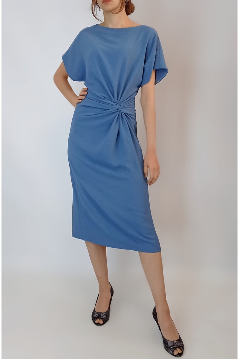 Kadın İndigo Mavi Düğüm Detaylı Midi Elbise yy100770